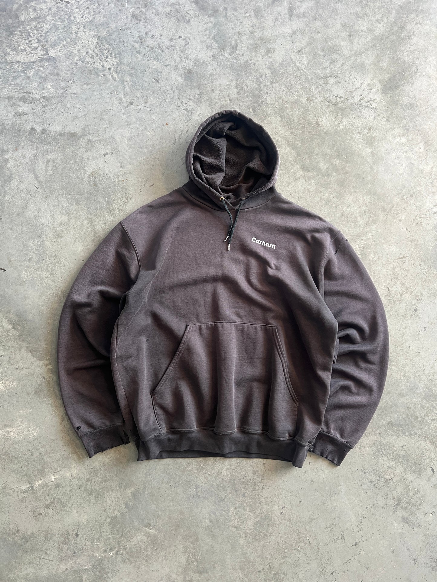 Vintage Distressed Black Carhartt Spellout Hoodie - L