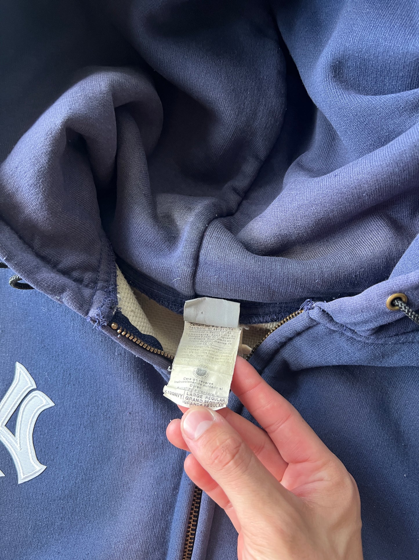 Vintage Navy Blue Carhartt NY Yankee Hoodie - L