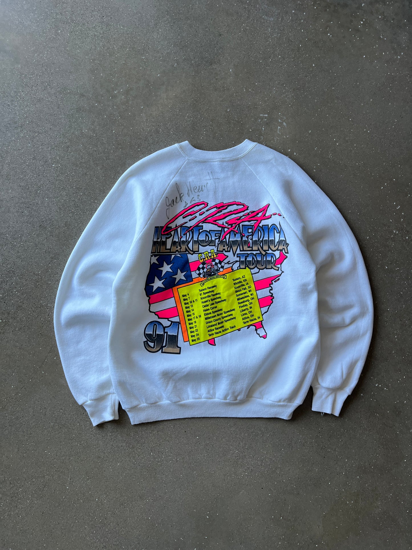 Vintage White and Neon Autographed Race Crew Neck Sweater - XL