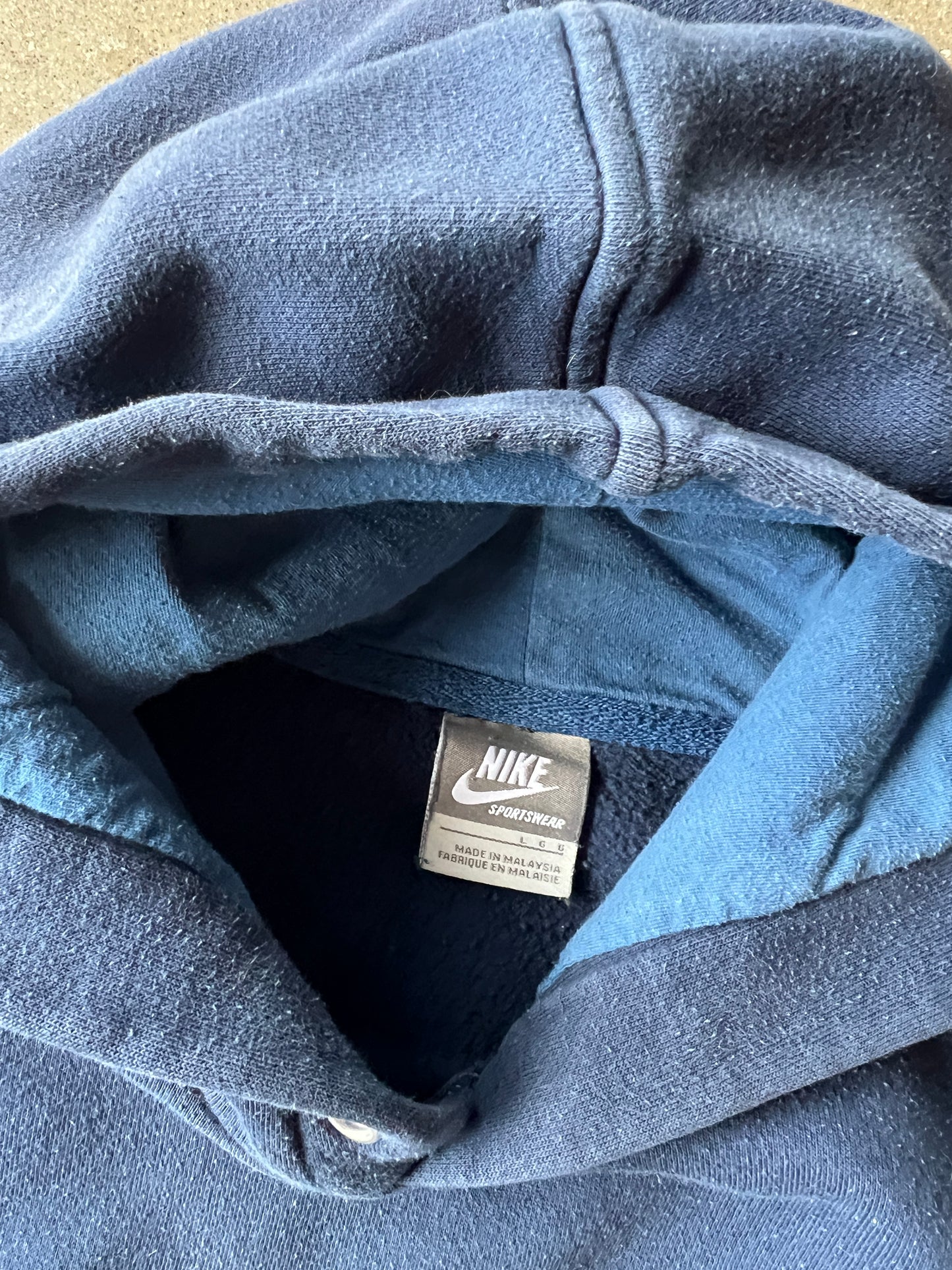 Vintage Navy Blue Nike Spellout Hoodie - L