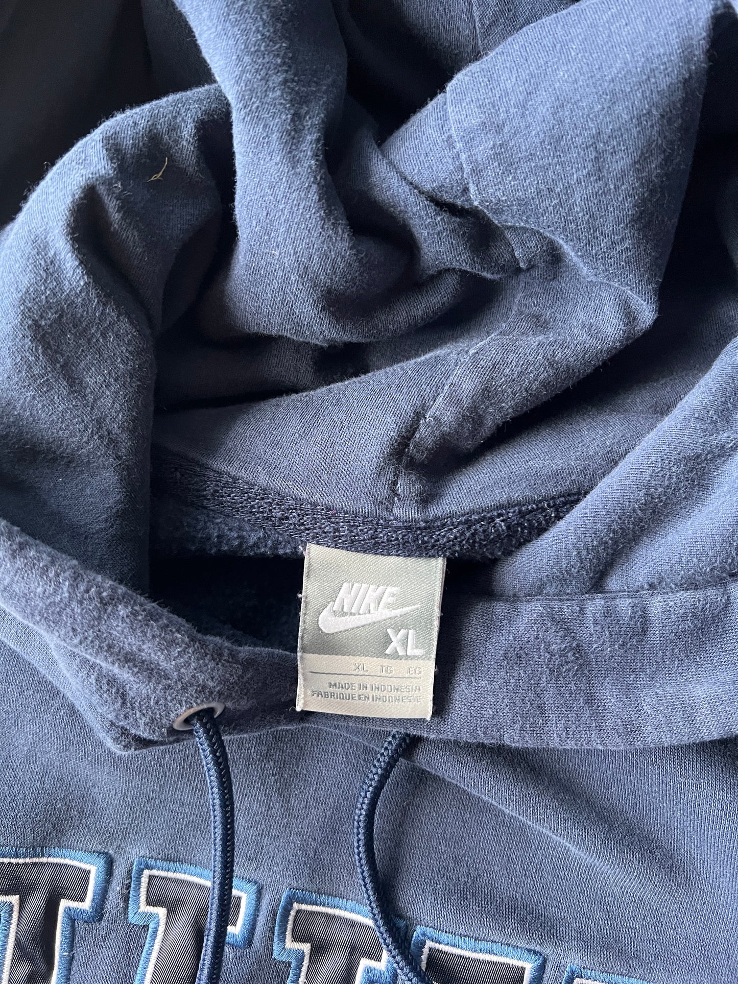 Vintage Navy Blue Nike Spellout Hoodie - L