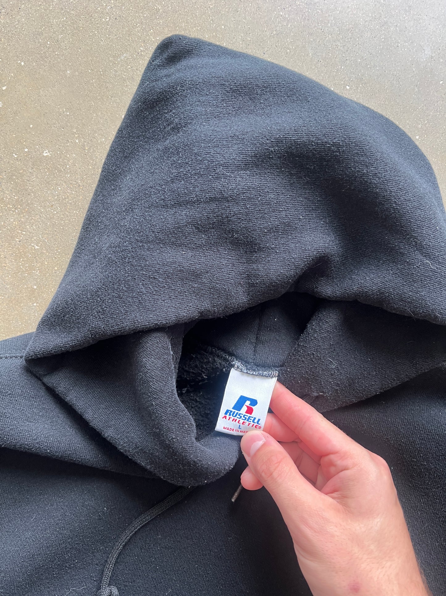 Vintage Black Minimalist Russell Athletic Hoodie - L