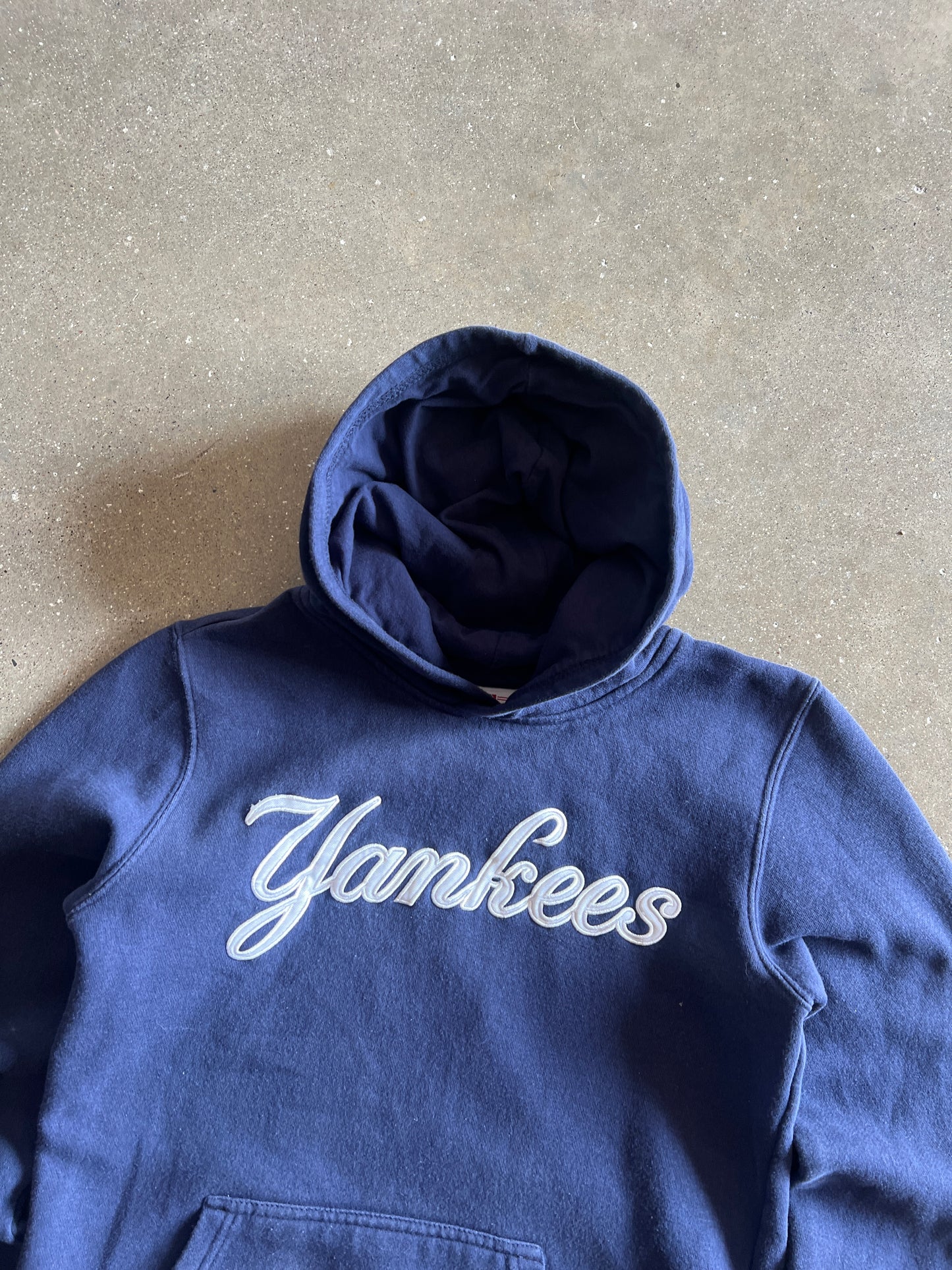 Vintage Navy Blue Yankees Spellout Hoodie - XS