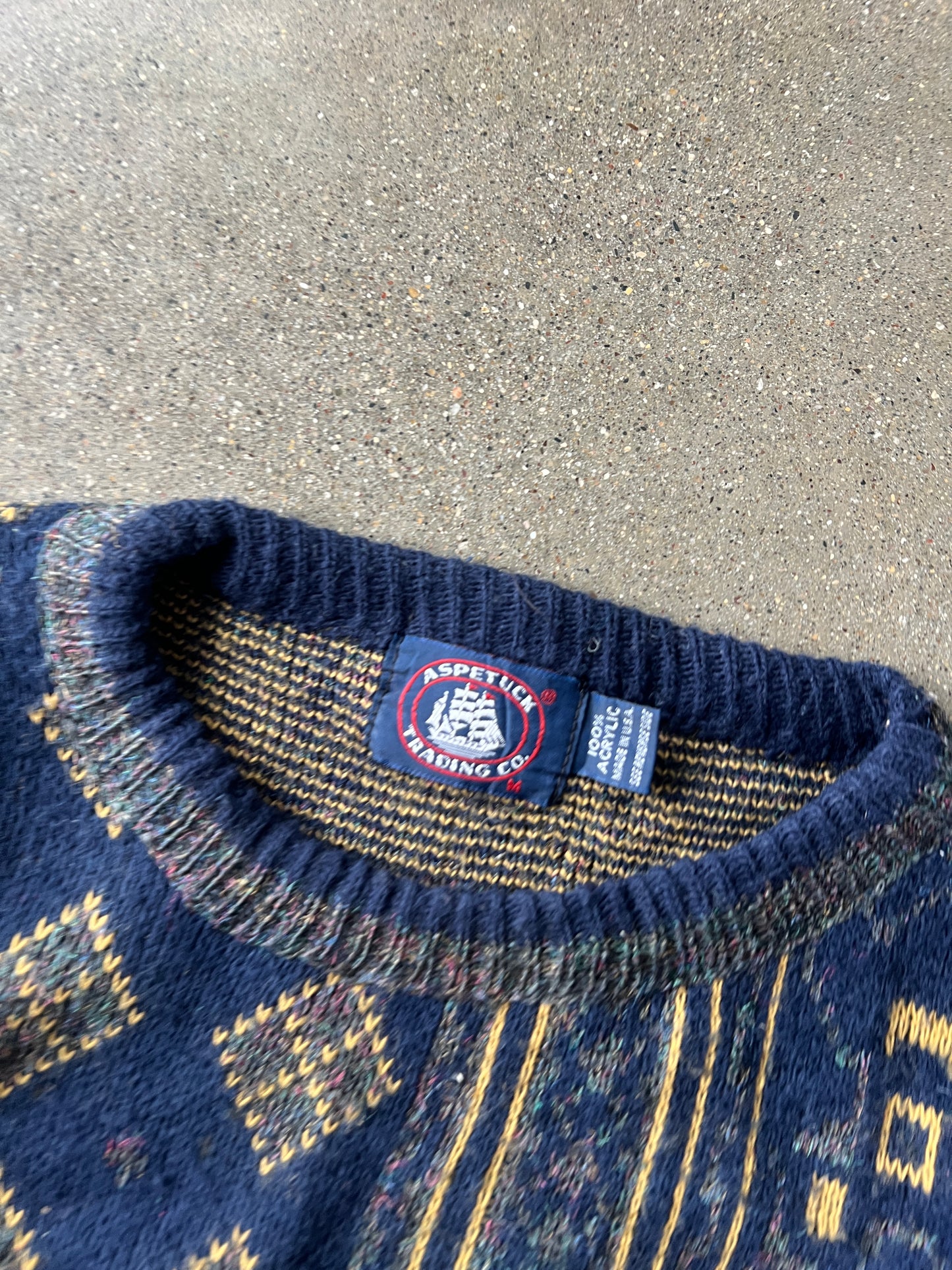 Vintage Blue Yellow Knit Sweater - L