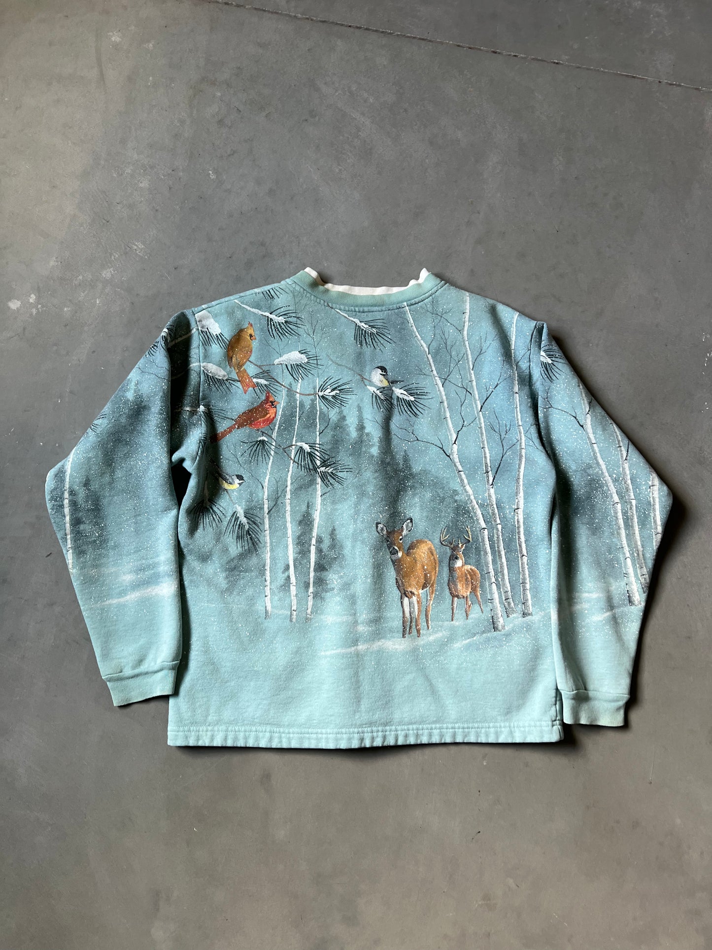 Vintage Teal Blue Winter Wrap Around Crewneck - M