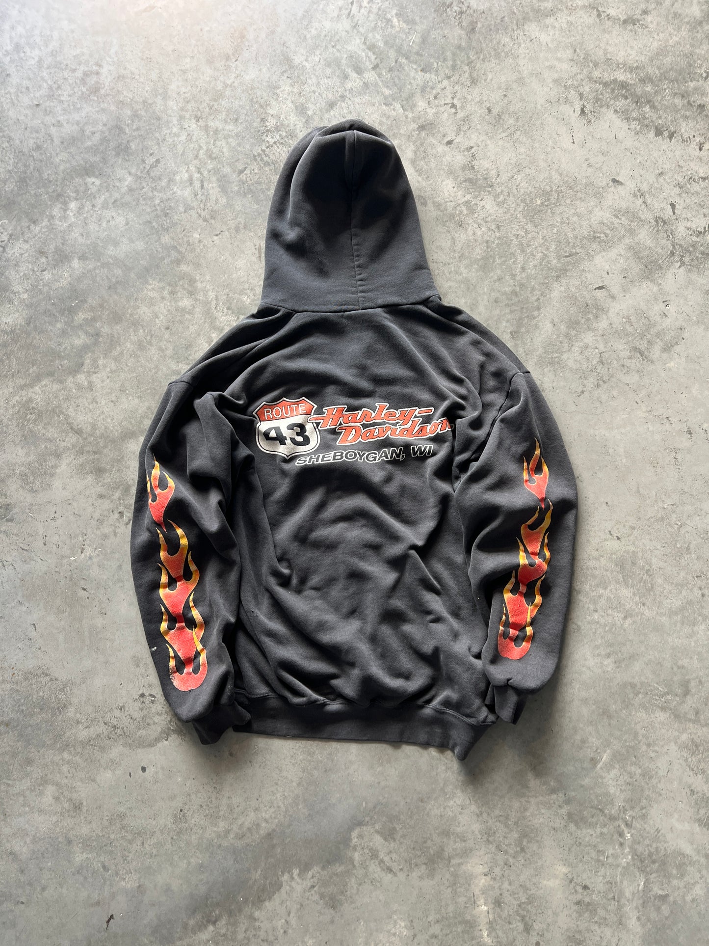 Vintage Faded Black Harley Davidson Flames Hoodie - L