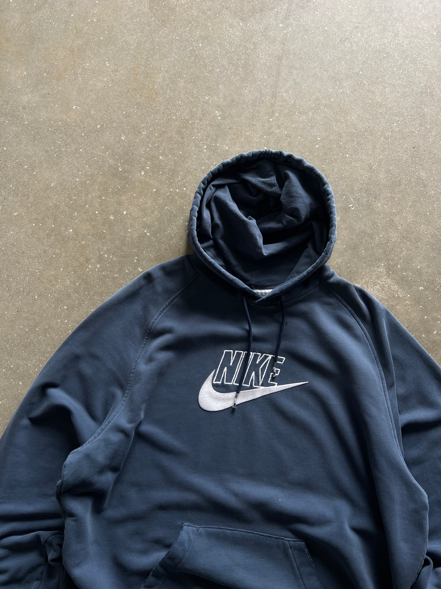 Vintage Navy Blue Nike Spellout Hoodie - L