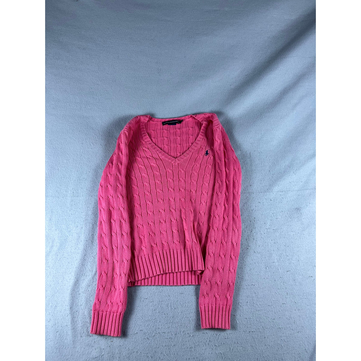 Ralph Lauren Sport Sweater Women M Pink V-Neck Cable Knit Ribbed Preppy Layering