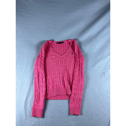 Ralph Lauren Sport Sweater Women M Pink V-Neck Cable Knit Ribbed Preppy Layering