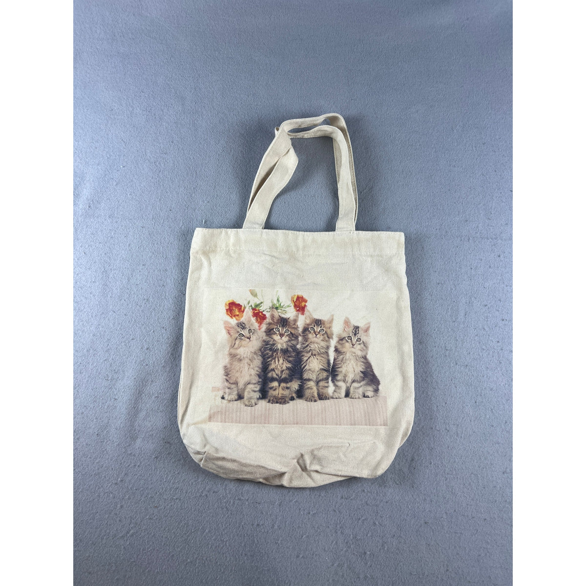 Vintage Four Kittens & Flowers Canvas Tote Bag
