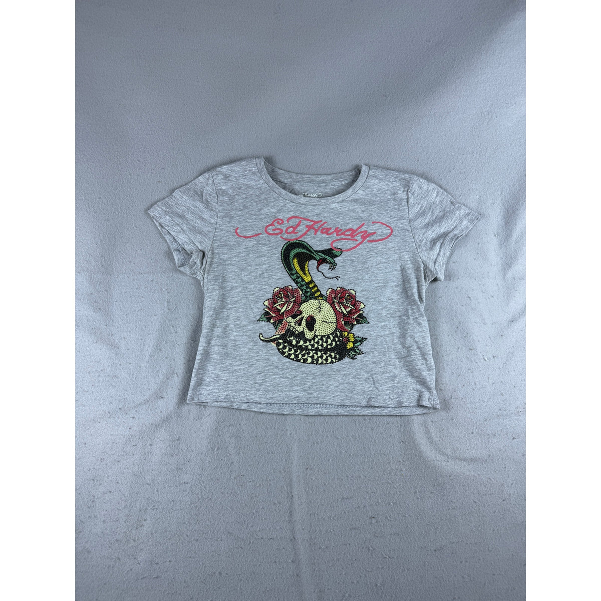 Ed Hardy Cobra Skull Floral Rhinestone Cropped Top - L