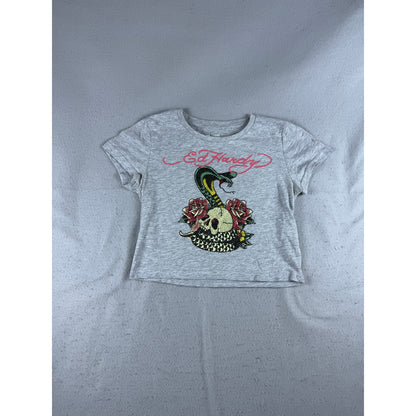 Ed Hardy Cobra Skull Floral Rhinestone Cropped Top - L