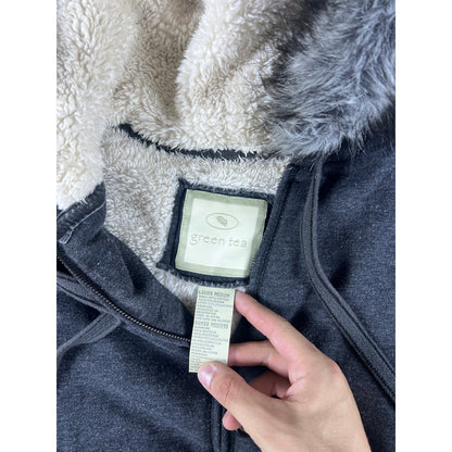 Green Tea Faux Fur Fleece Hoodie Jacket Womens - M