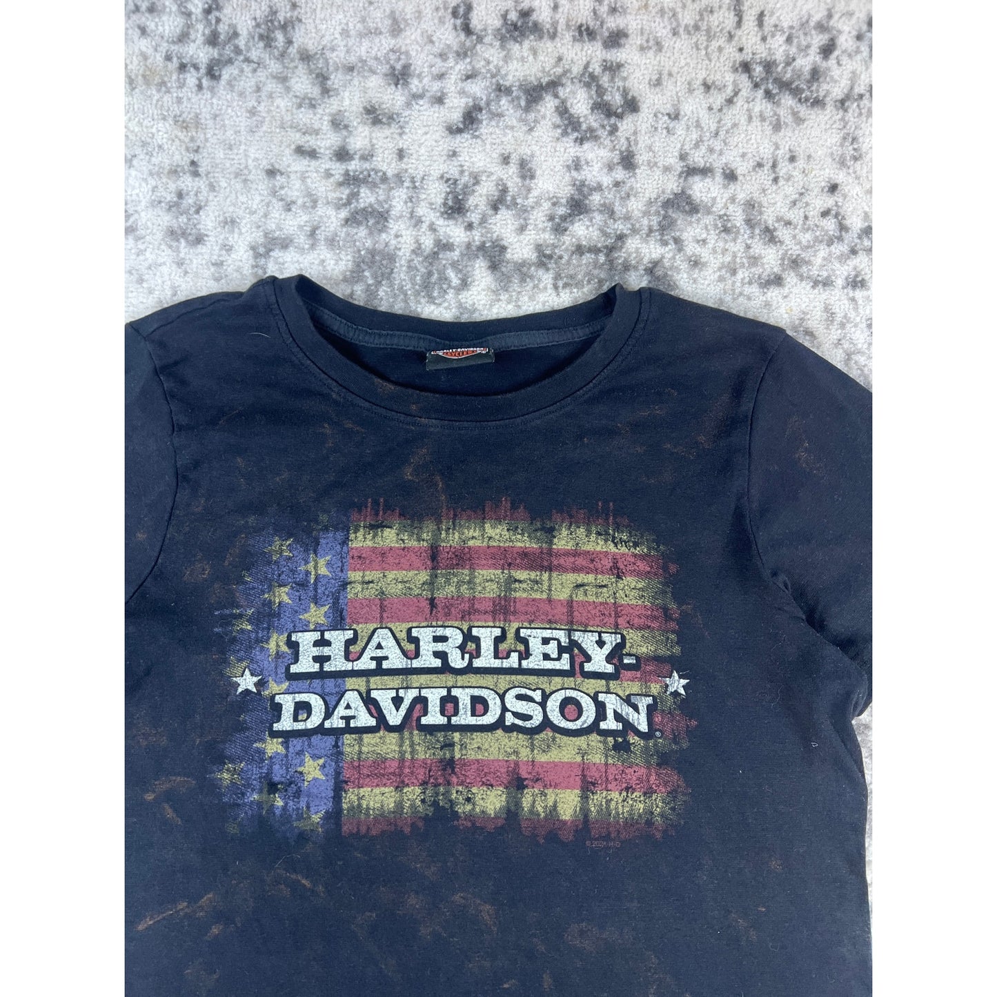 Harley Davidson Shirt Womens M Black Bleached American Flag Motorcycle Cody WY