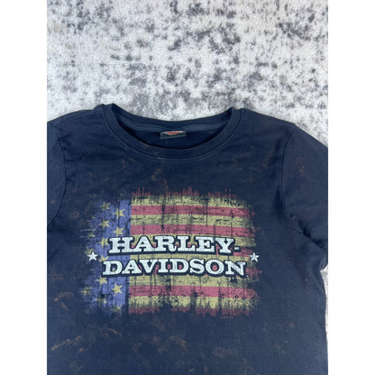 Harley Davidson Shirt Womens M Black Bleached American Flag Motorcycle Cody WY