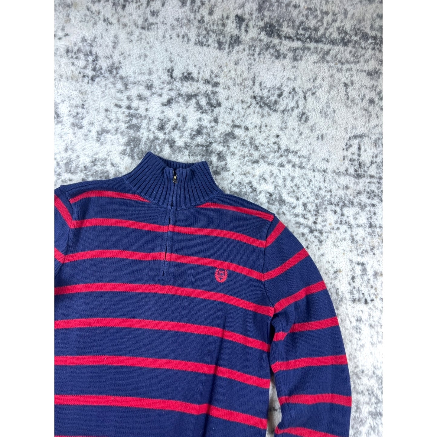 Chaps Sweater Youth 18/20 Blue Red Mock Neck Striped Knit Ribbed Preppy Pullover