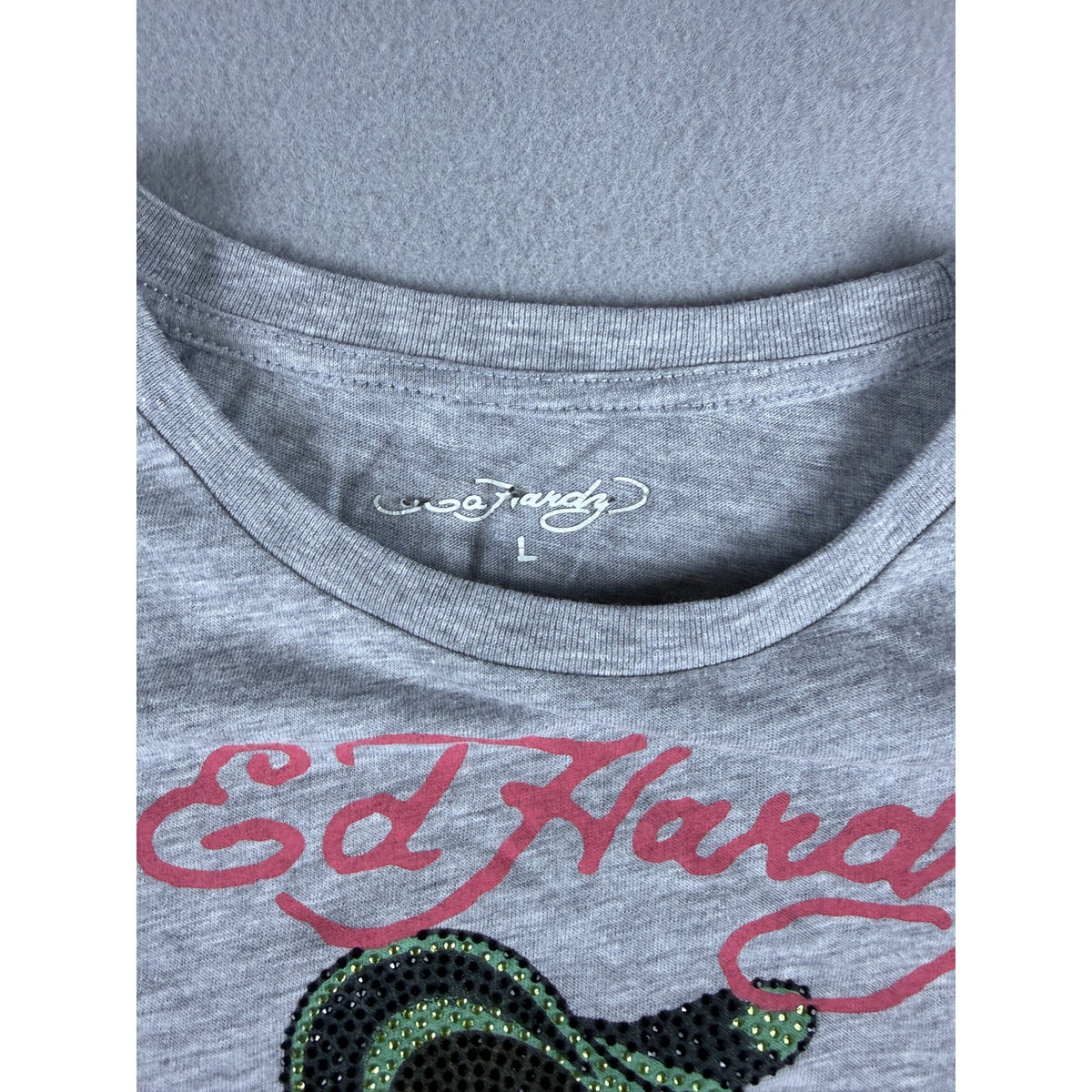 Ed Hardy Cobra Skull Floral Rhinestone Cropped Top - L