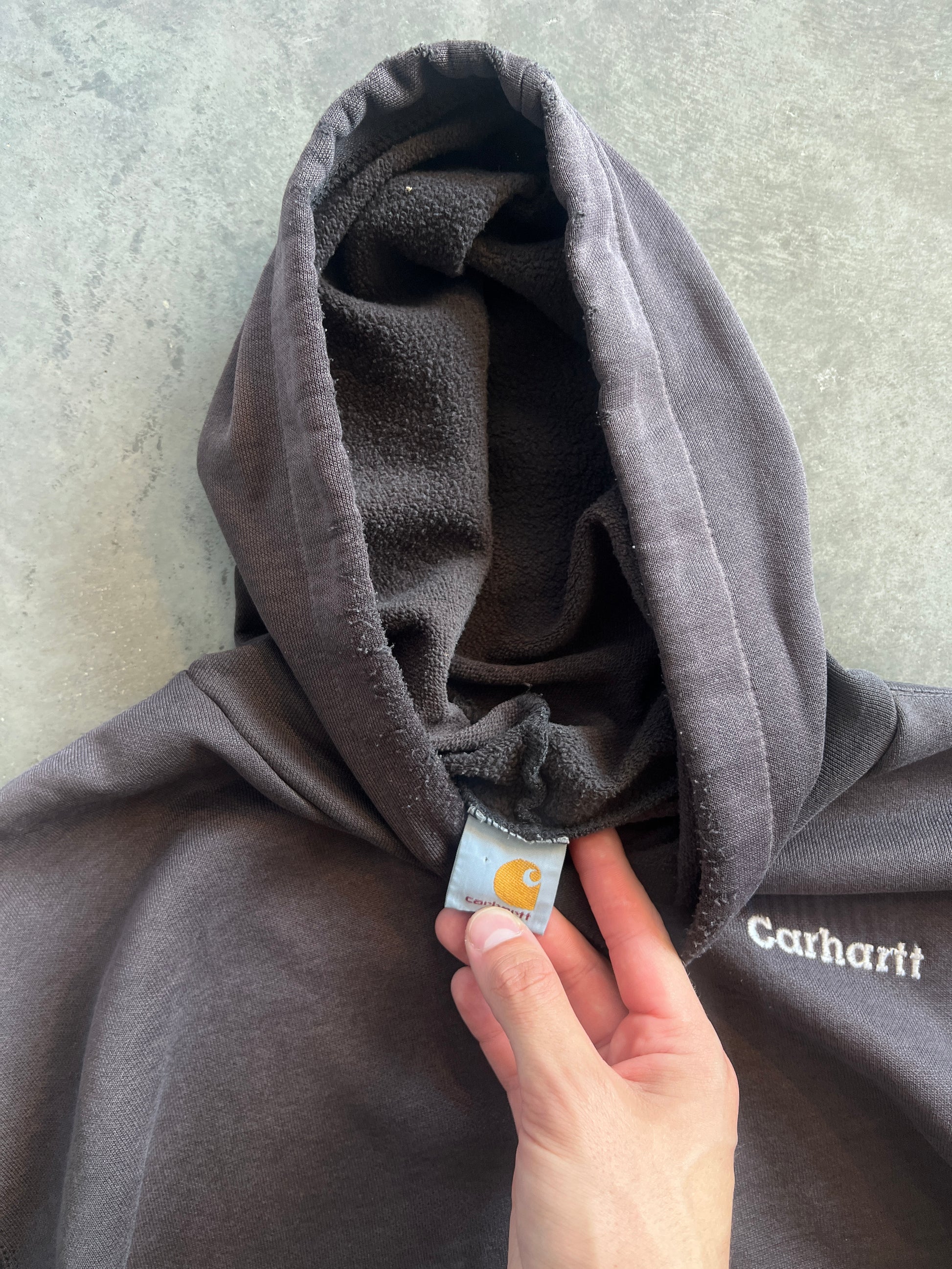 Vintage Distressed Black Carhartt Spellout Hoodie - L