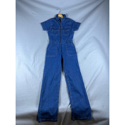 Bebe Jumpsuit Womens S Blue Short Sleeve 70s Flare Leg Zip Up Denim Y2K Retro
