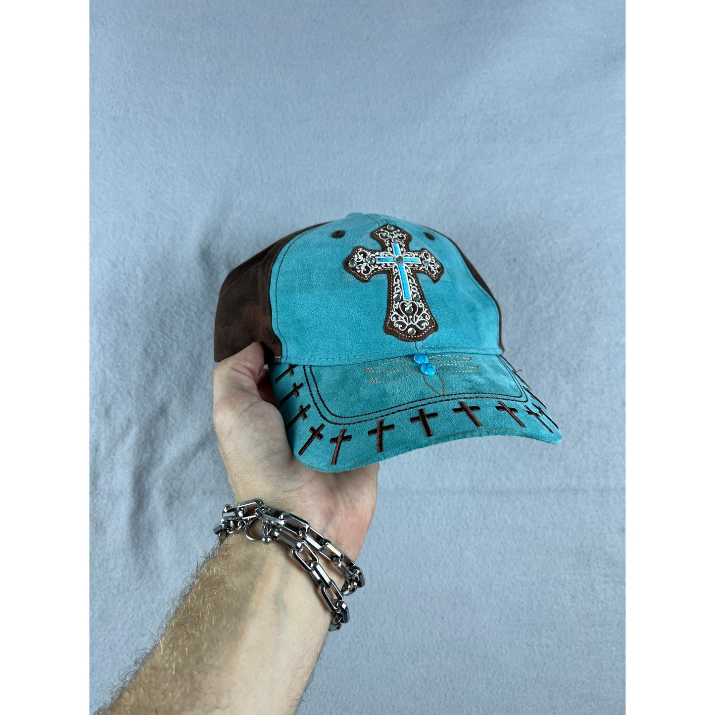 Y2k Embezzled Teal Blue Cross Hat