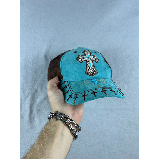 Y2k Embezzled Teal Blue Cross Hat
