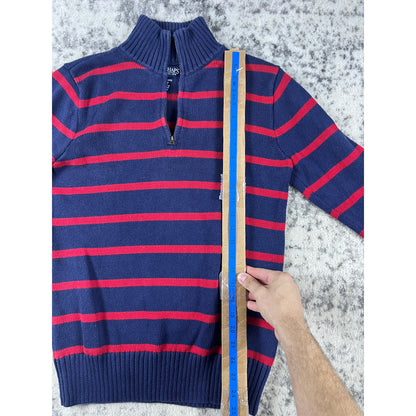 Chaps Sweater Youth 18/20 Blue Red Mock Neck Striped Knit Ribbed Preppy Pullover