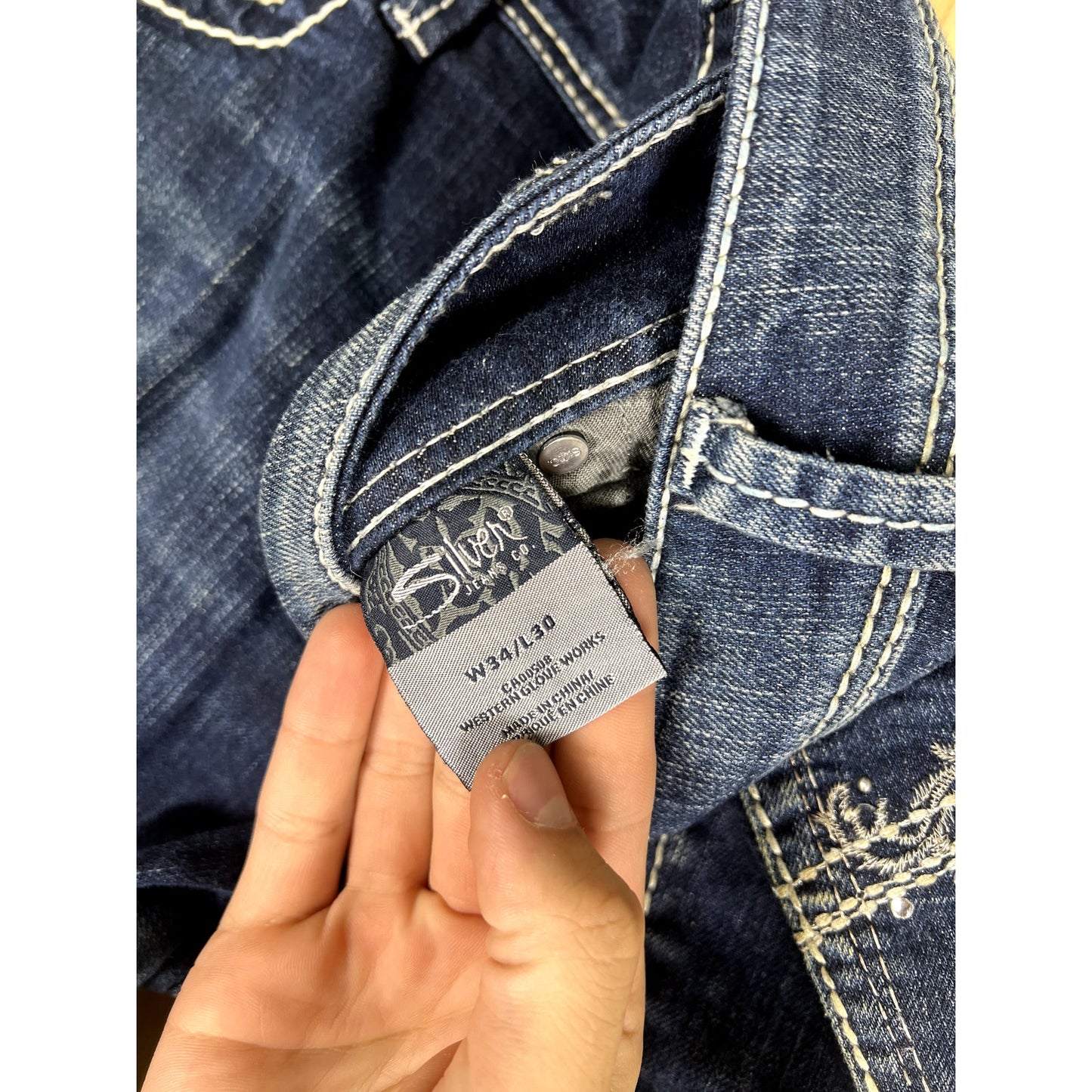 Silver Y2k Denim Blue Jeans 34x30 Low Rise Boot Cut 2000's Dimonds