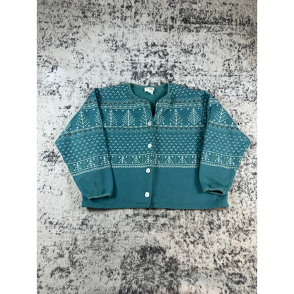 Vintage Teal Blue Tree Button Up Crewneck - M