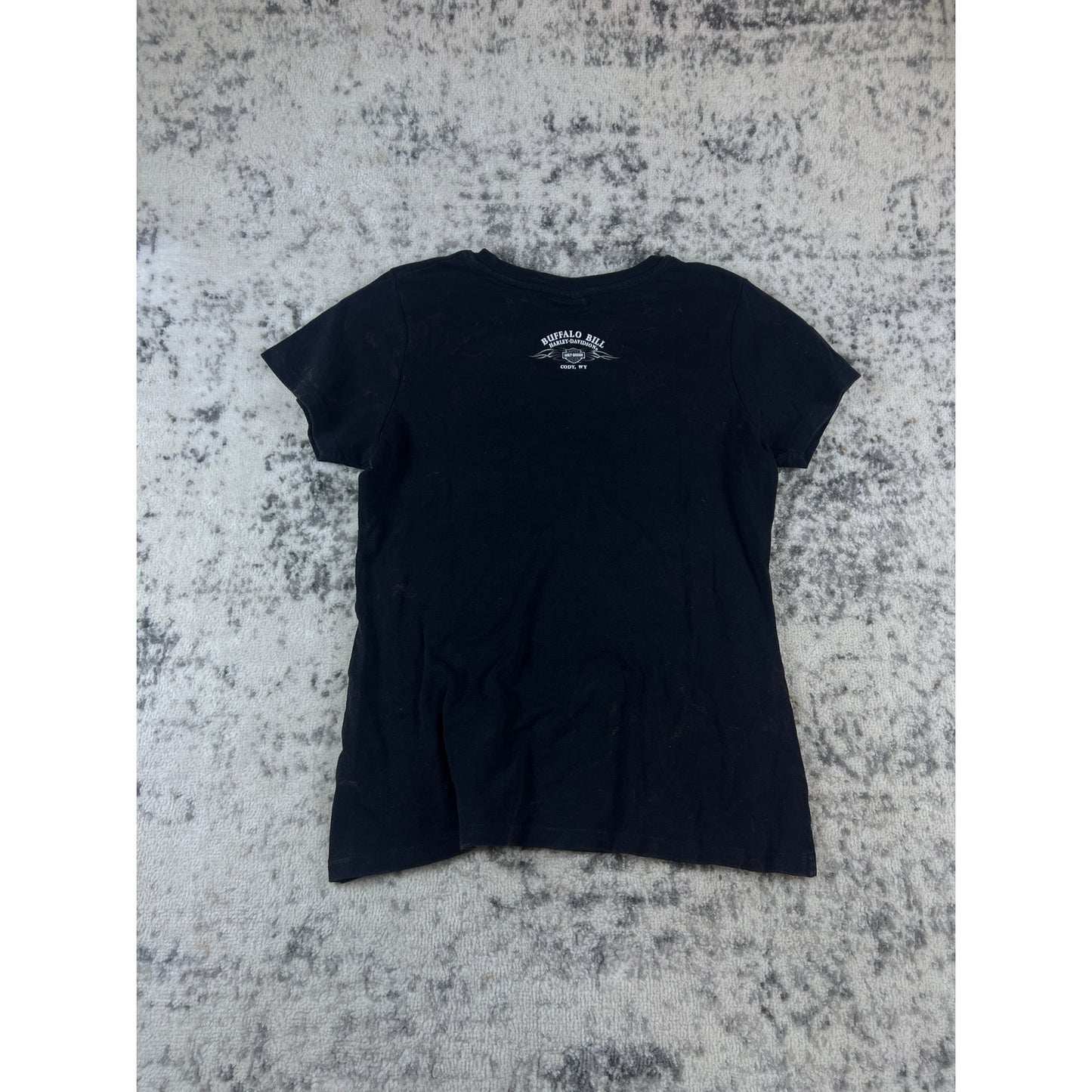 Harley Davidson Shirt Womens M Black Bleached American Flag Motorcycle Cody WY
