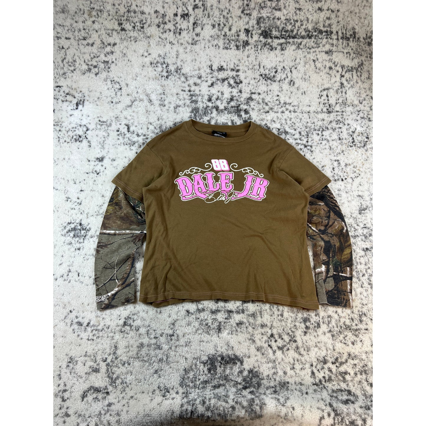 Vintage Dale Earnhardt Jr T-Shirt Womens L Brown Camo Sleeve NASCAR Racing Tee