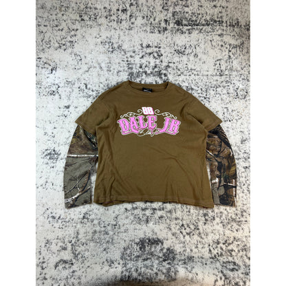 Vintage Dale Earnhardt Jr T-Shirt Womens L Brown Camo Sleeve NASCAR Racing Tee