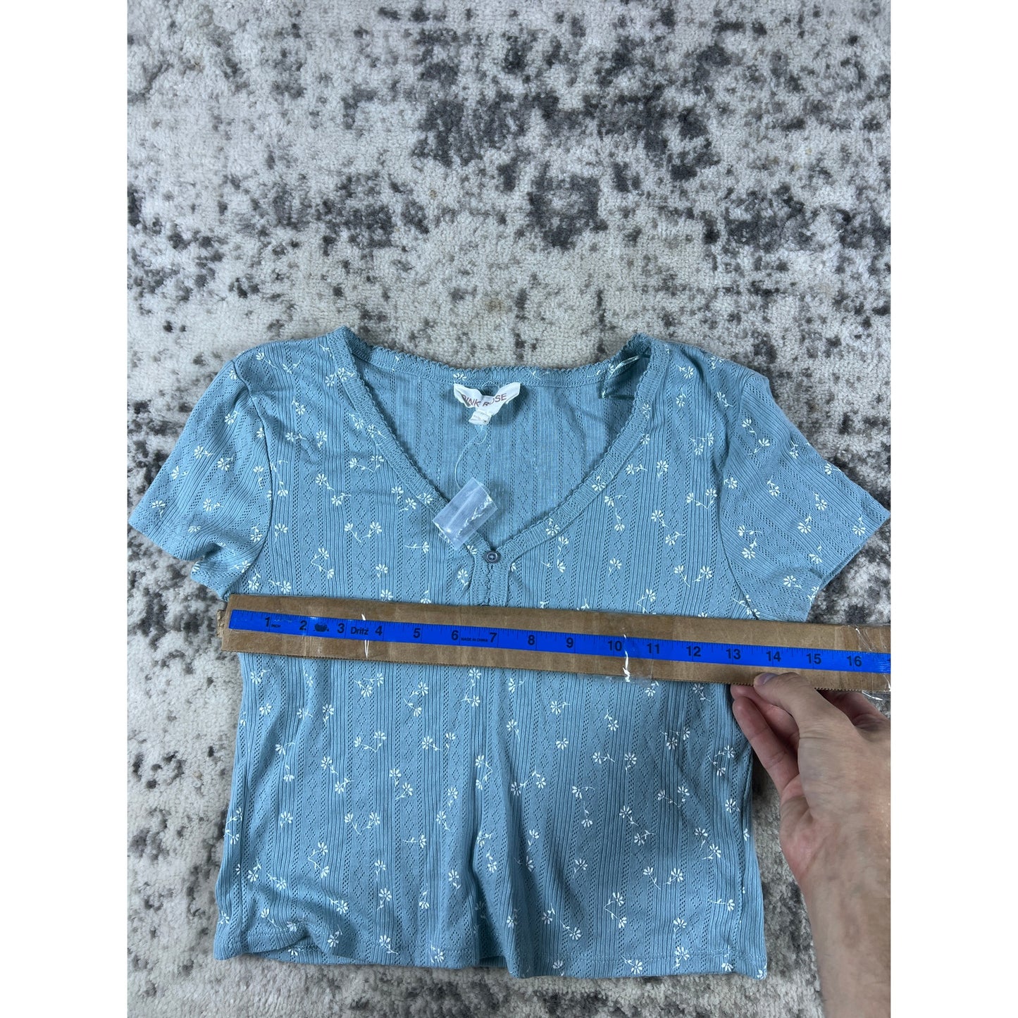 Vintage Pink Rose Blue Blouse - M