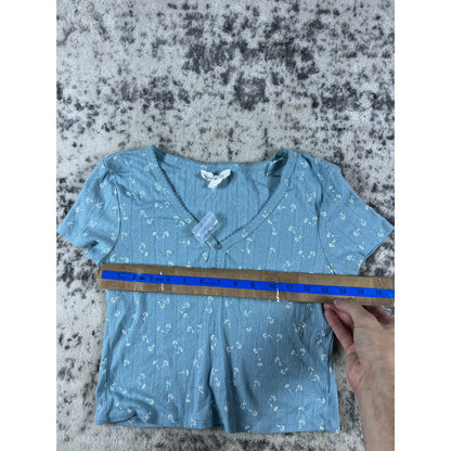 Vintage Pink Rose Blue Blouse - M