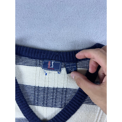 Vintage PGA Tour Sweater Mens L Navy Blue White V Neck Striped Golf Sports