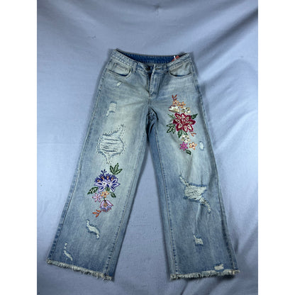 Womens Wide Leg Floral Embroidered Beaded Distressed Jeans - 30