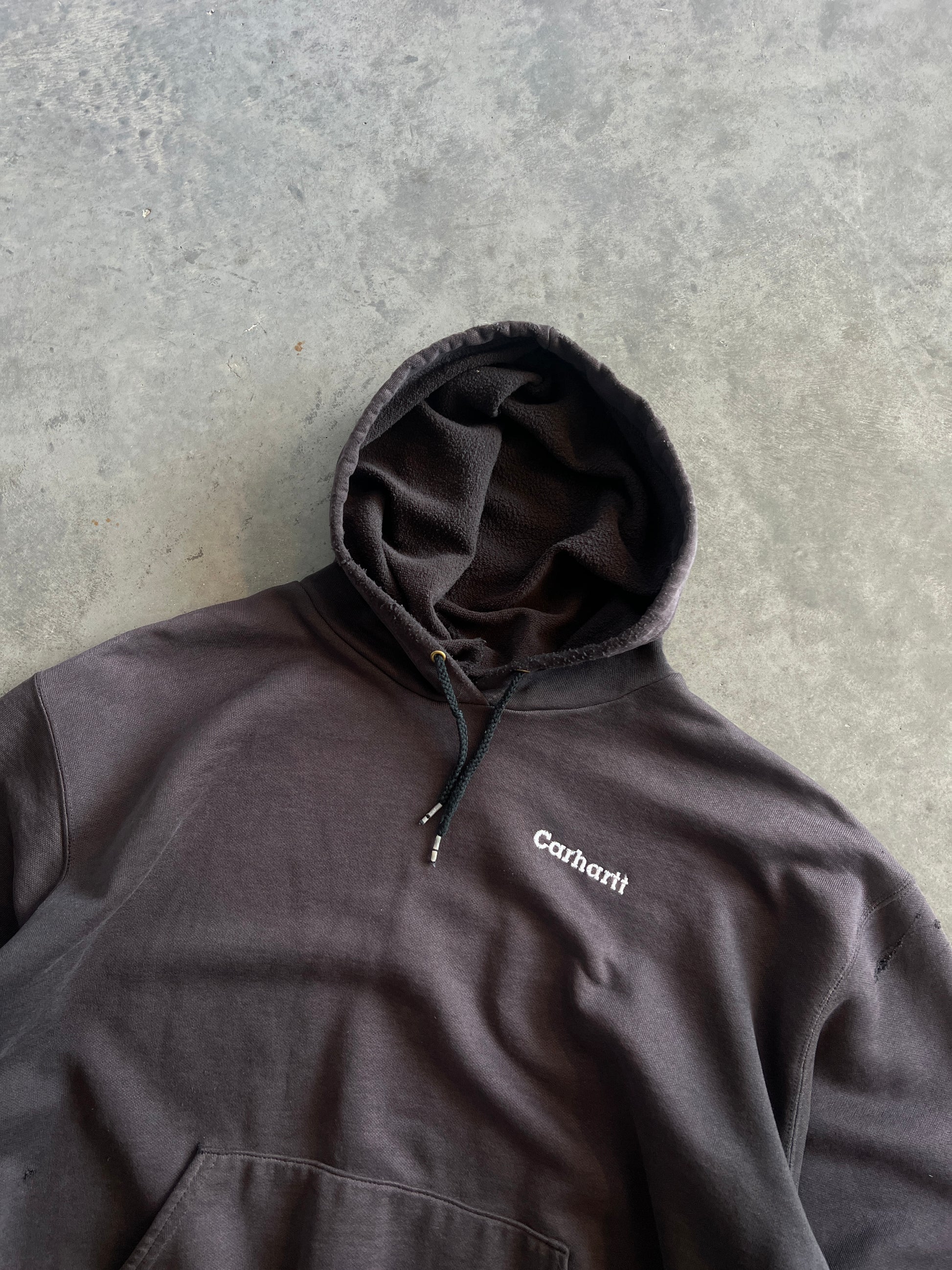 Vintage Distressed Black Carhartt Spellout Hoodie - L