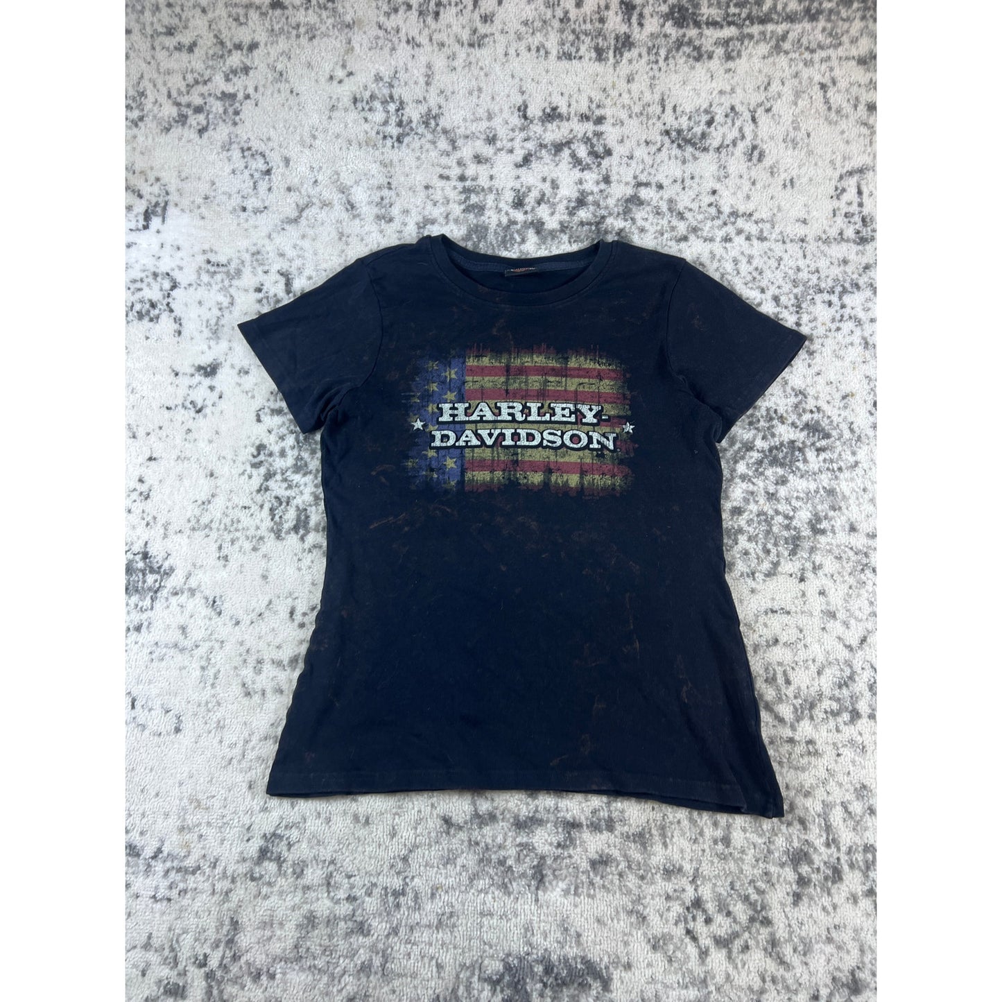 Harley Davidson Shirt Womens M Black Bleached American Flag Motorcycle Cody WY
