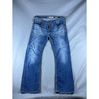 BKE Denim Derek Jeans Mens 36x30 Bootleg Blue Medium Wash Embroidered Pockets