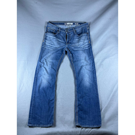 BKE Denim Derek Jeans Mens 36x30 Bootleg Blue Medium Wash Embroidered Pockets
