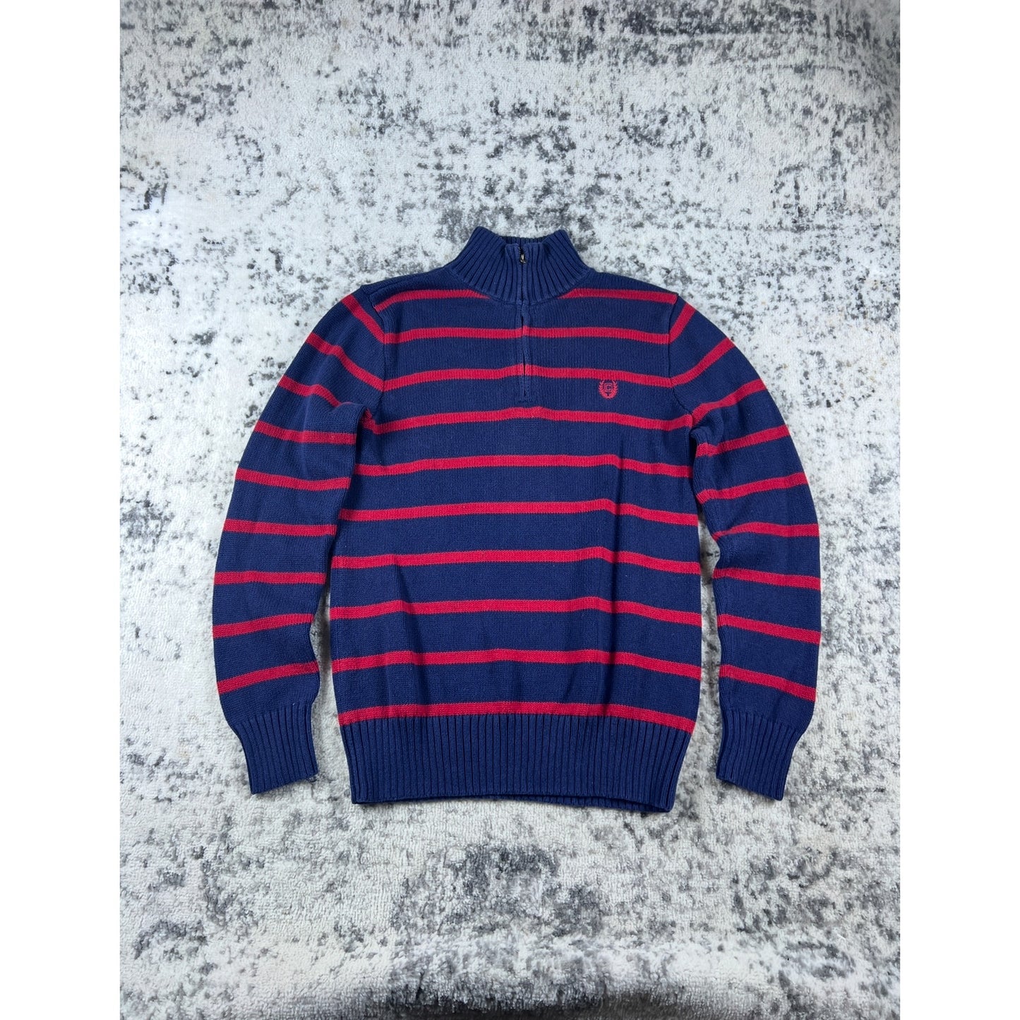 Chaps Sweater Youth 18/20 Blue Red Mock Neck Striped Knit Ribbed Preppy Pullover