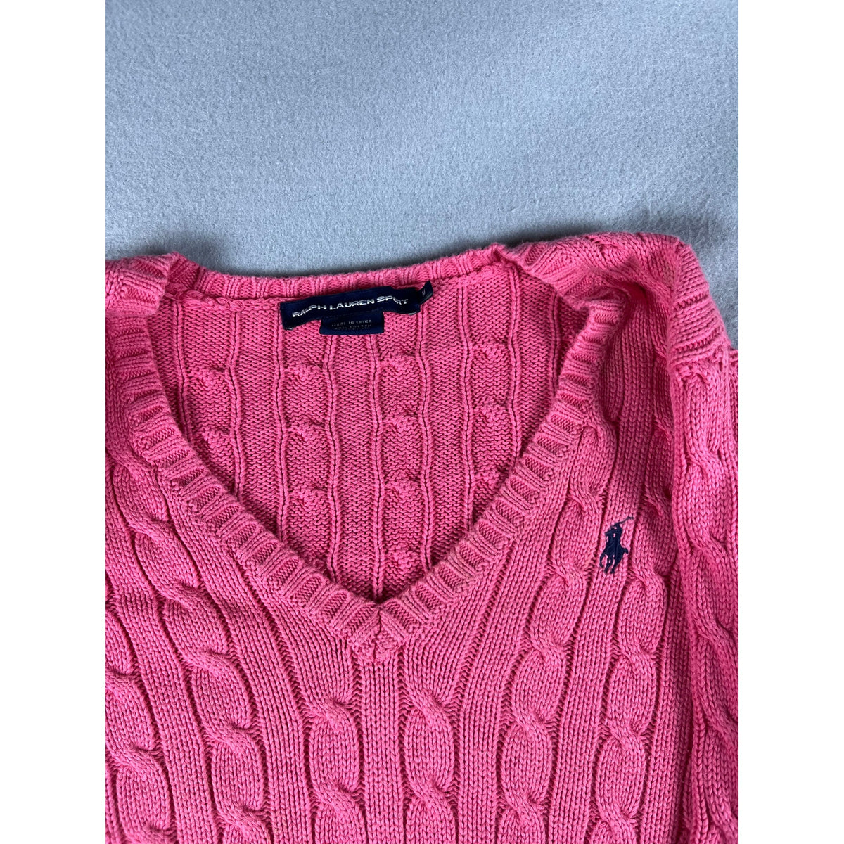 Ralph Lauren Sport Sweater Women M Pink V-Neck Cable Knit Ribbed Preppy Layering