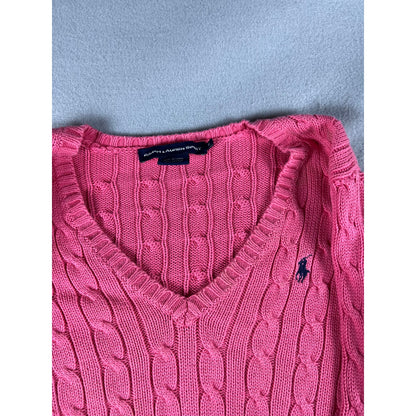Ralph Lauren Sport Sweater Women M Pink V-Neck Cable Knit Ribbed Preppy Layering