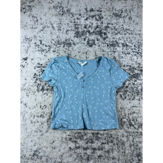 Vintage Pink Rose Blue Blouse - M