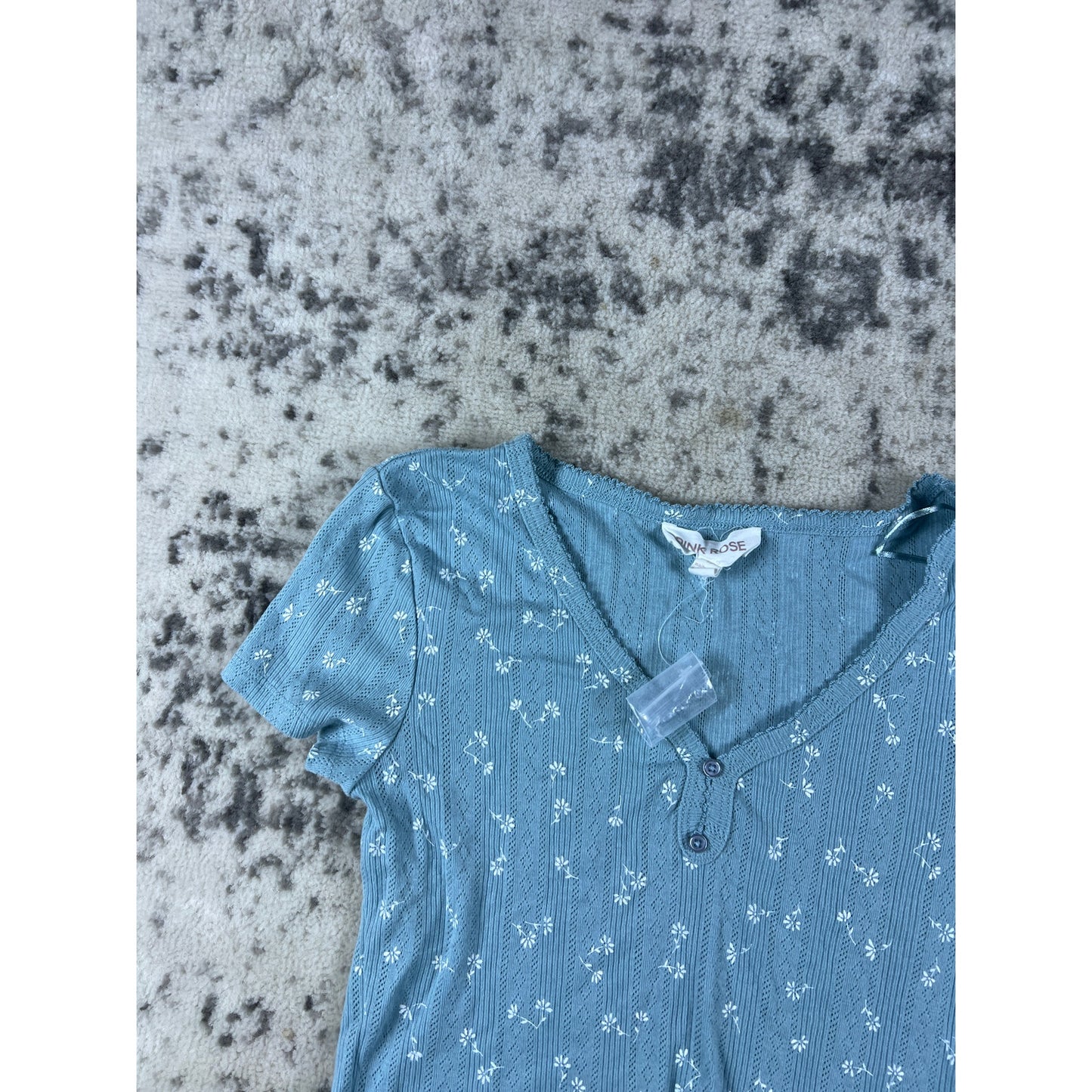 Vintage Pink Rose Blue Blouse - M