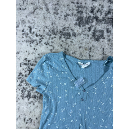 Vintage Pink Rose Blue Blouse - M