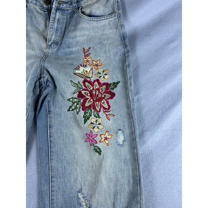 Womens Wide Leg Floral Embroidered Beaded Distressed Jeans - 30