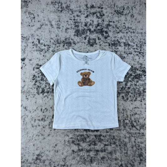 Teddy Bear T-Shirt Cuddly Cub Womens XS White Cute Graphic Tee Y2K