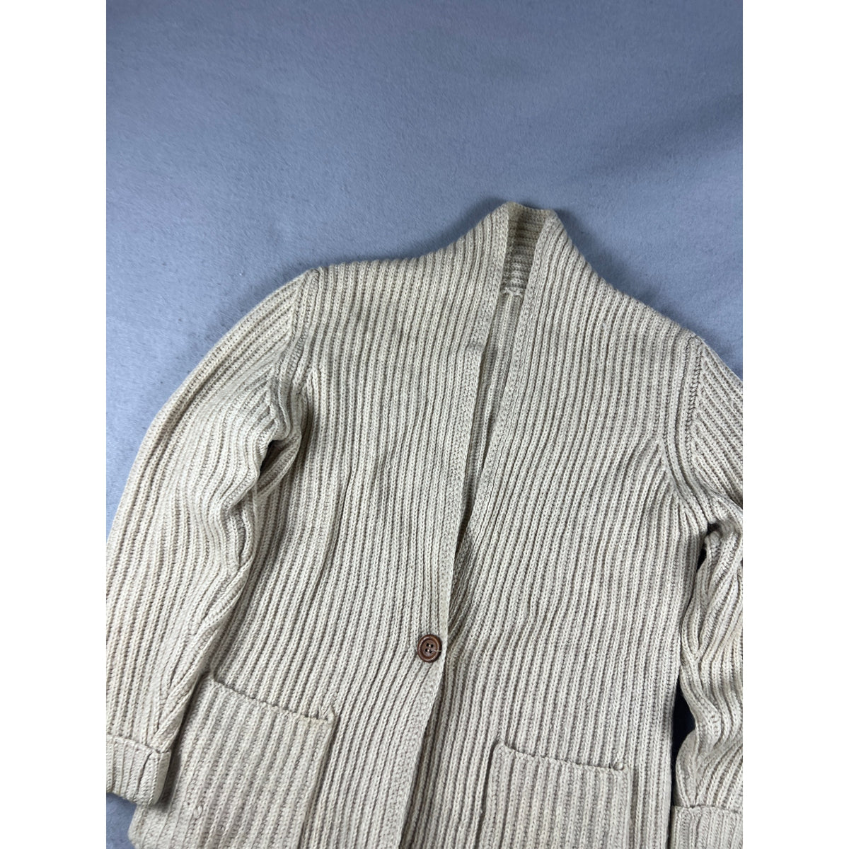 Vintage Cardigan Mens S Cream Shawl Collar Single Button Chunky Knit Ribbed