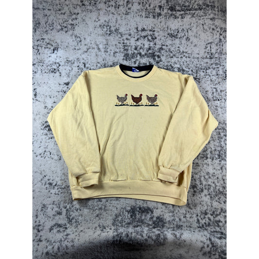 Vintage Embroidered Chicken Crossing Yellow Crewneck Ault XL Grandma Core Fall