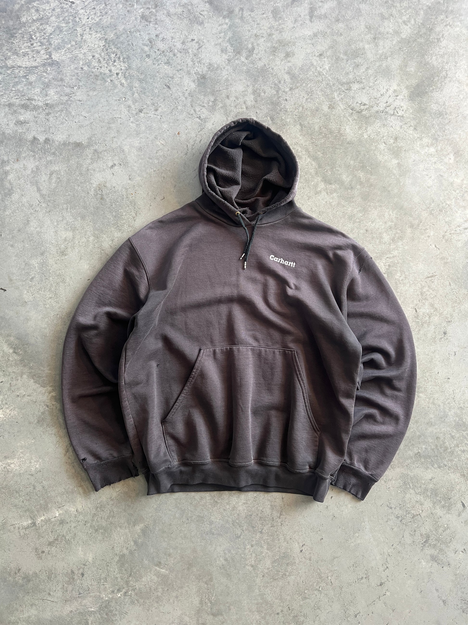 Vintage Distressed Black Carhartt Spellout Hoodie - L